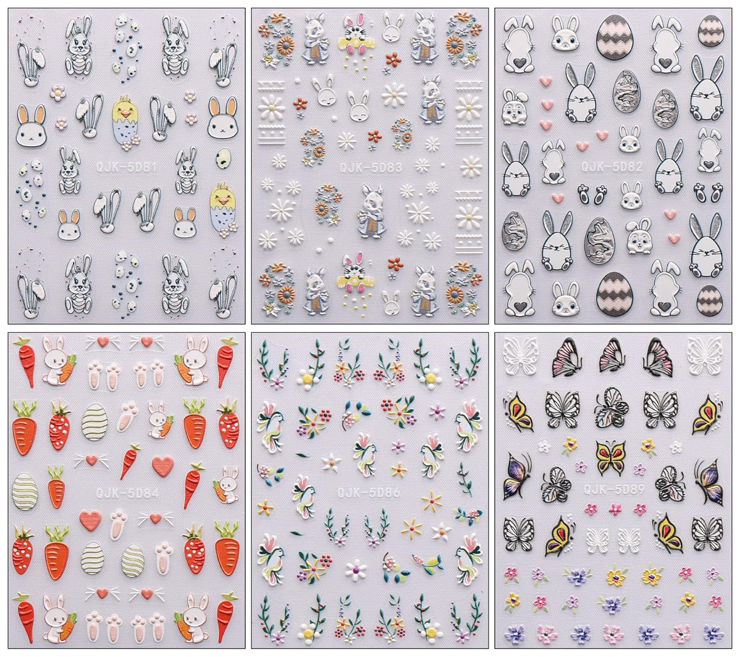 JMEOWIO 6 Blatt 3D Nálepka na nehty Ostern Nail Art Nálepka Selbstklebend Nagelaufkleber 5D Stereoskopisch Süßer Hase Ei Dekoration Nageldesign Zubehör