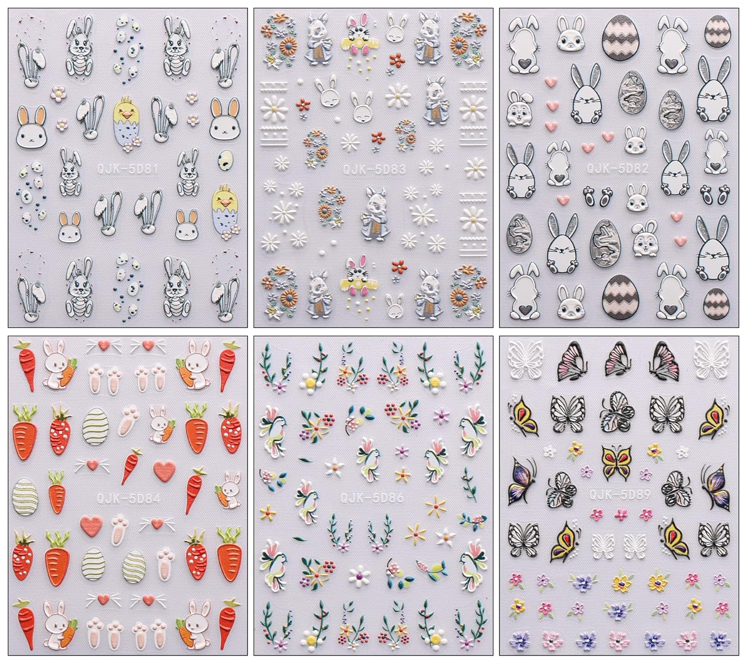 JMEOWIO 6 Blatt 3D Nálepka na nehty Ostern Nail Art Nálepka Selbstklebend Nagelaufkleber 5D Stereoskopisch Süßer Hase Ei Dekoration Nageldesign Zubehör