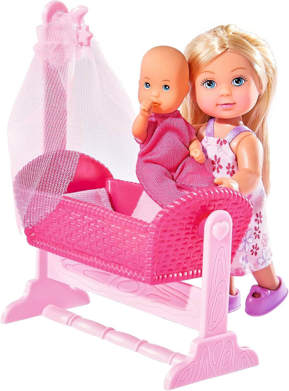Simba 105736242 - Evi Love Doll Cradle 2 Různé Evi jako chůva s kolébkou a dětskou módní panenkou 12 cm pro 3 roky a více