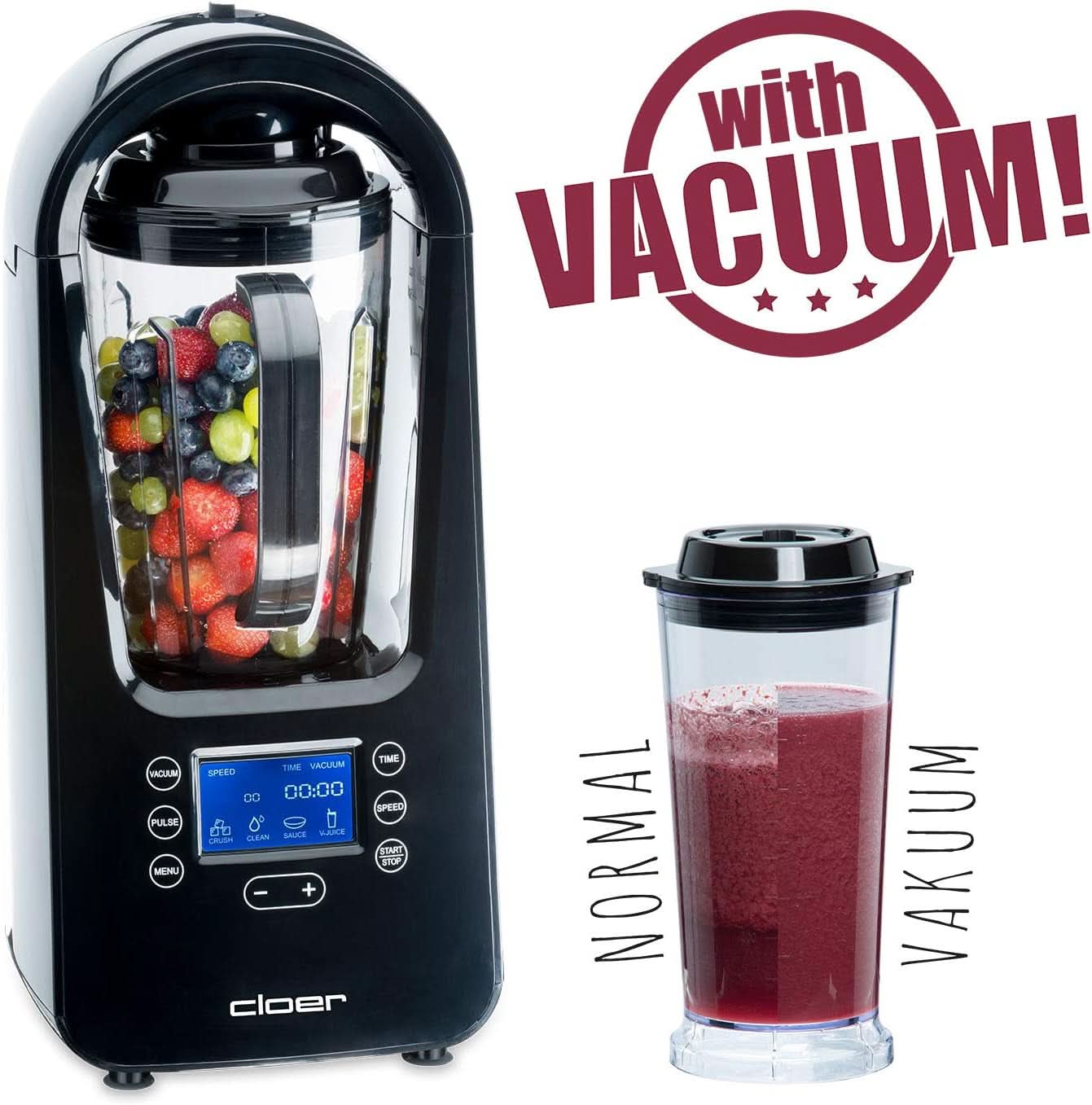 Cloer 6980 Vakuum Standmixer / 800 Watt / 21 000 U/Min. / Vč. Vorratsbehälter/Vakuumventil/Automatikprogramme/Eis-Crush-Funktion/Reinigungsfunktion/Schwarz, 1500 mililitrů Kitchen Naty Shop