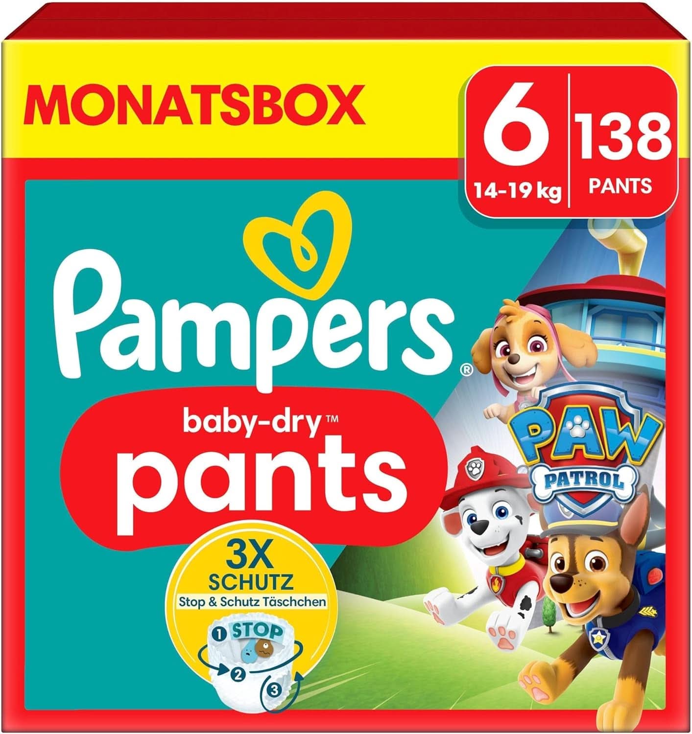 Plenky Pampers Paw Patrol Pants vel. 5 (12-17Kg) Baby-Dry, Junior s kapsou Stop and Protect, MĚSÍČNÍ BOX, 160 plen Naty Shop