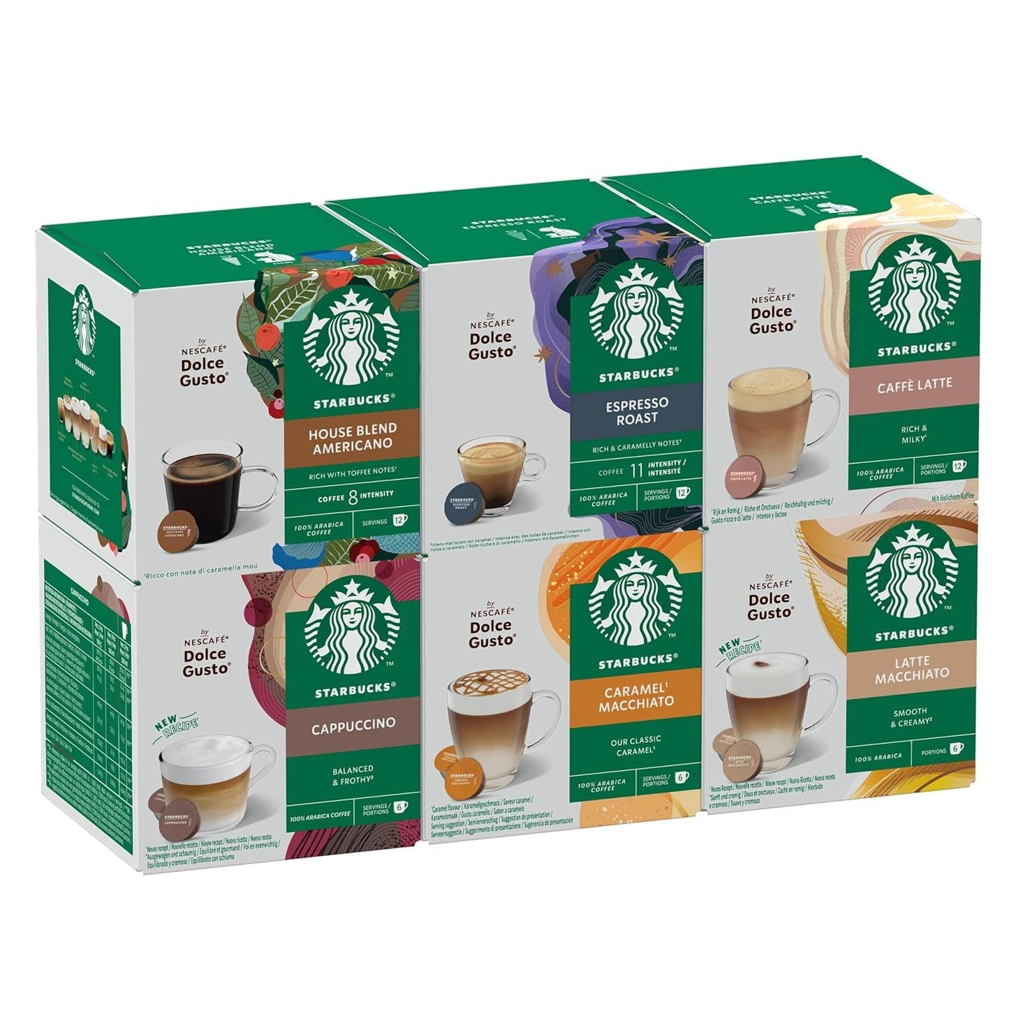 STARBUCKS Probierset, Mixed Cup Variety Pack od Nescafé Dolce Gusto Kaffeekapseln 6 x 12 (72 kapsel) – Exklusiv bei Amazon