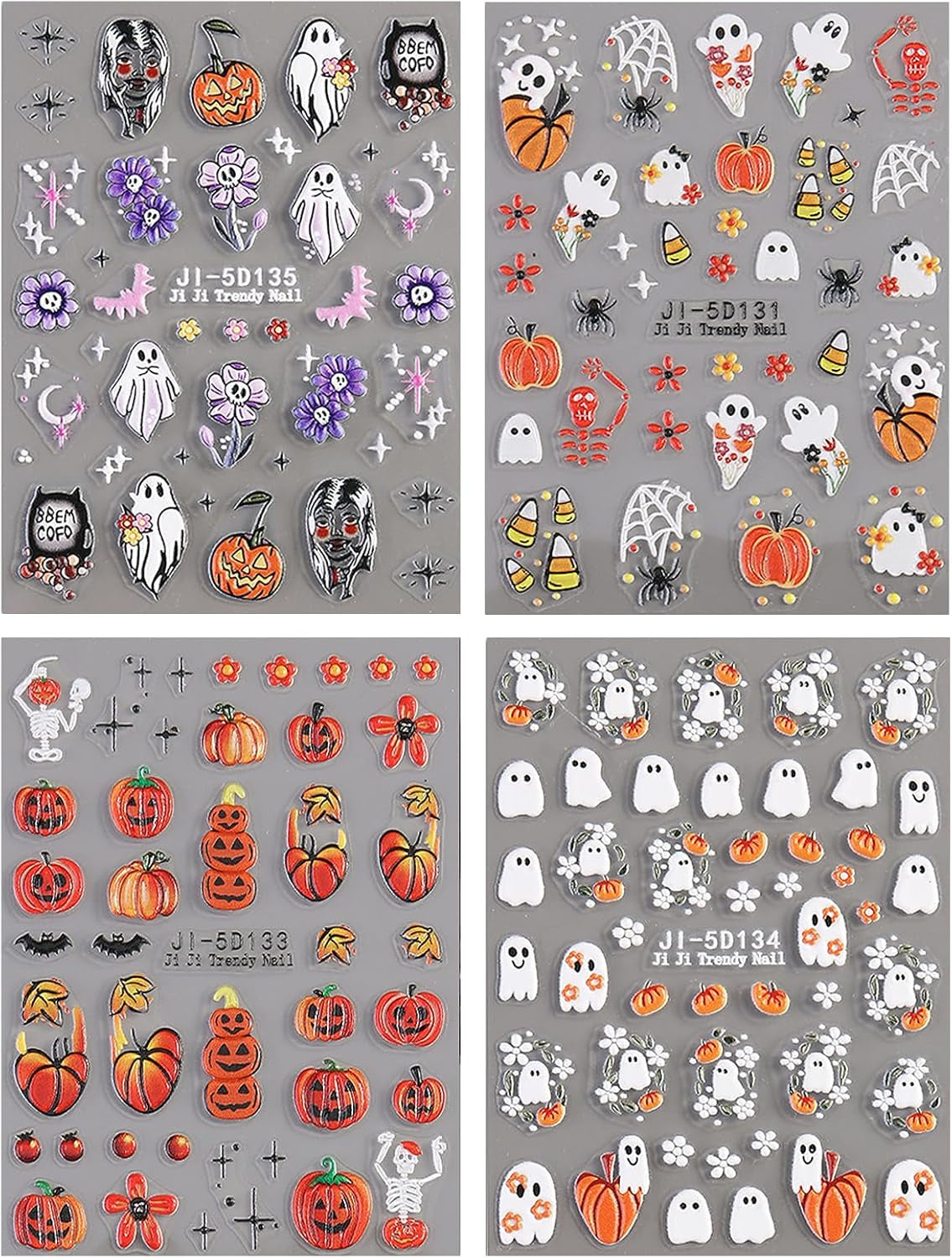 JMEOWIO 3D Nálepka na nehty Halloween Nail Art Nálepka Selbstklebend Nagelaufkleber 5D Stereoskopisch Süßer Geisterkürbis Dekoration Nageldesign Zubehör 4 Blatt