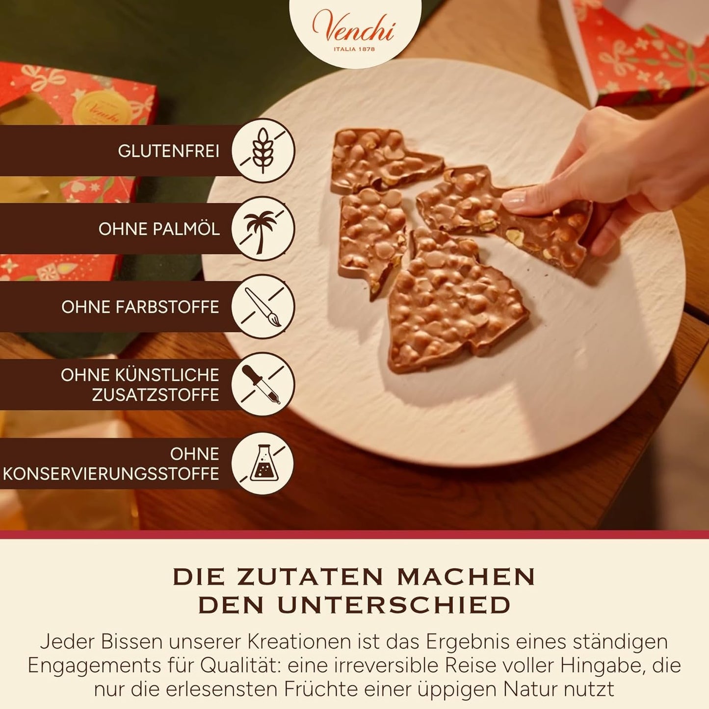 Venchi, Brutto&Buono, ručně vyráběná mléčná čokoláda ve tvaru jedle "Piedmont Forest Hazelnut", 200 g, bez lepku, limitovaná edice vánoční kolekce, tip na dárek