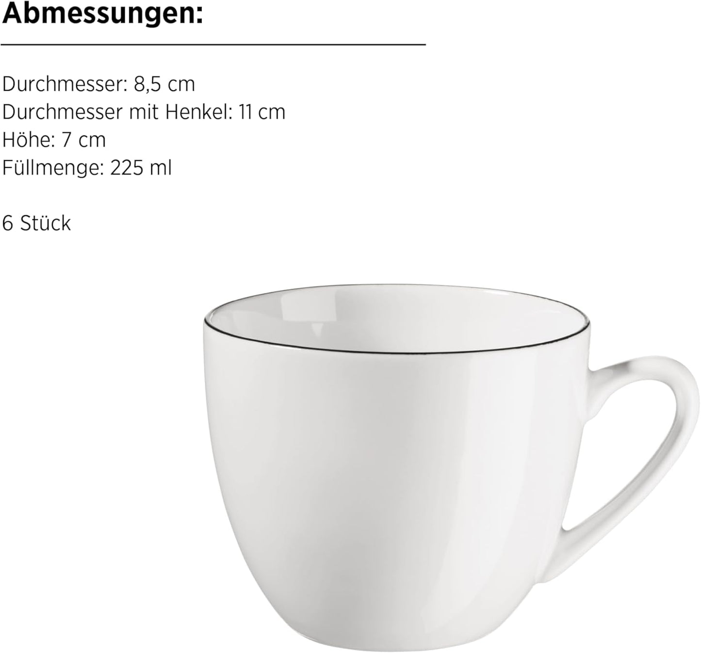 Série MÄSER Felise, elegantní kávový servis pro 6, nadčasový, černý okraj, porcelán, bílá