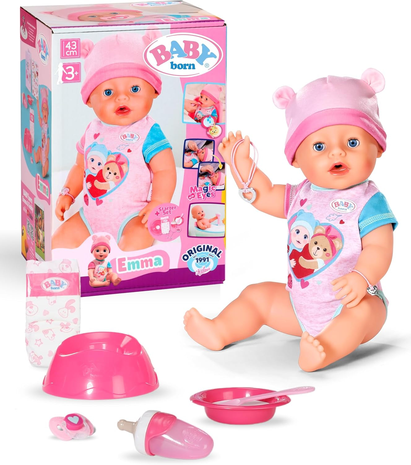 BABY Born Emma - panenka 43 cm - 10 funkcí včetně příslušenství a matrace - Plně funguje bez baterií - Vhodné pro děti od 3 let
