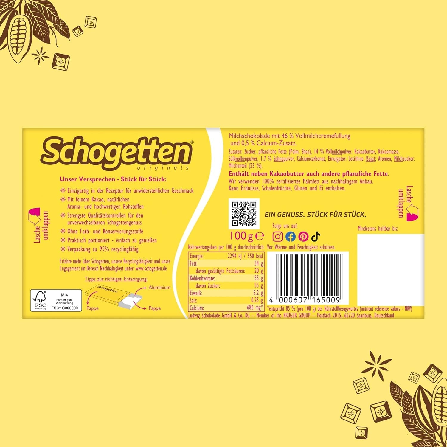 Schogetten pro děti, čokoládová tyčinka 100g, mléčná čokoláda s krémovou mléčnou náplní, vhodně porcovaná. Delikatesa. Kousek po kousku.
