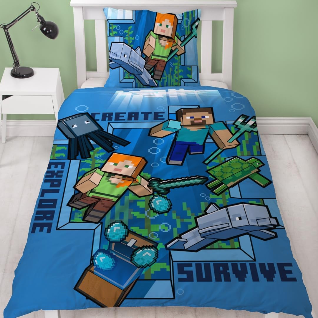 Minecraft Bettwäsche Kinderbettwäsche Jugendbettwäsche 135X200 · Unterwasserwelt · Wende Motiv · Kissenbezug 80X80 + Bettbezug 135X200 cm · 100% Baumwolle · Deutsche Größe Naty Shop Výchozí název