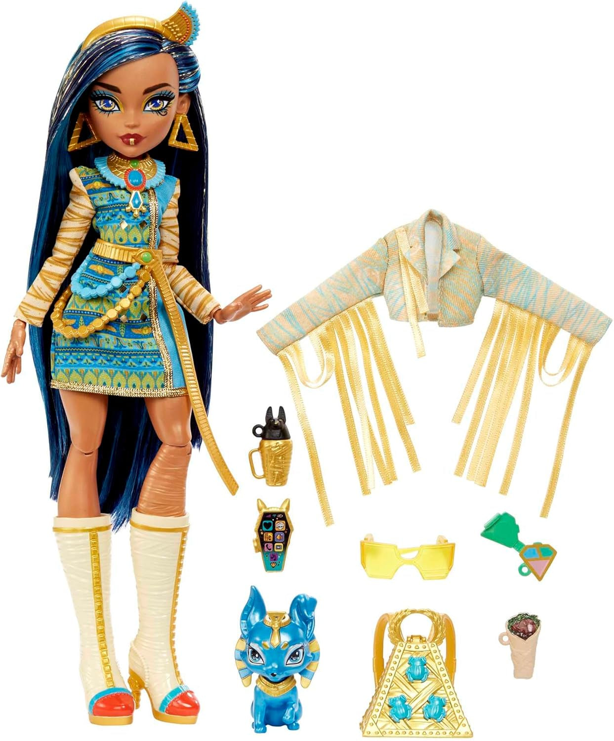 Monster High Cleo de Nile Puppe, Mummie Modepuppe, Königliches Outfit, Killerstiefel, Pyramidenrucksack, Zubehör, pro Kinder ab 4 Jahren, HHK54