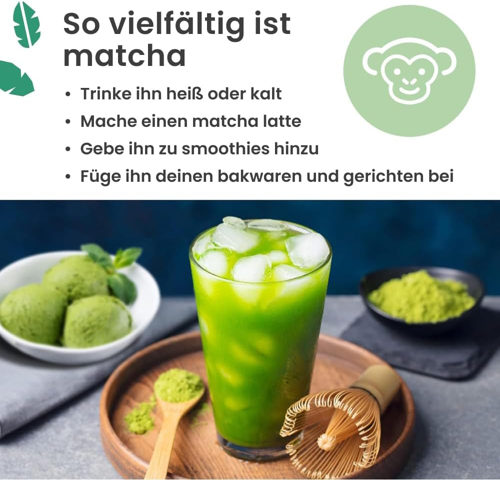 Purechimp Ceremonial Grade Matcha Powder 50g. 100% čistý čajový prášek pěstovaný ve stínu pro latté, nálevy a receptury. Recyklovatelná nádoba. Bohaté na antioxidanty.