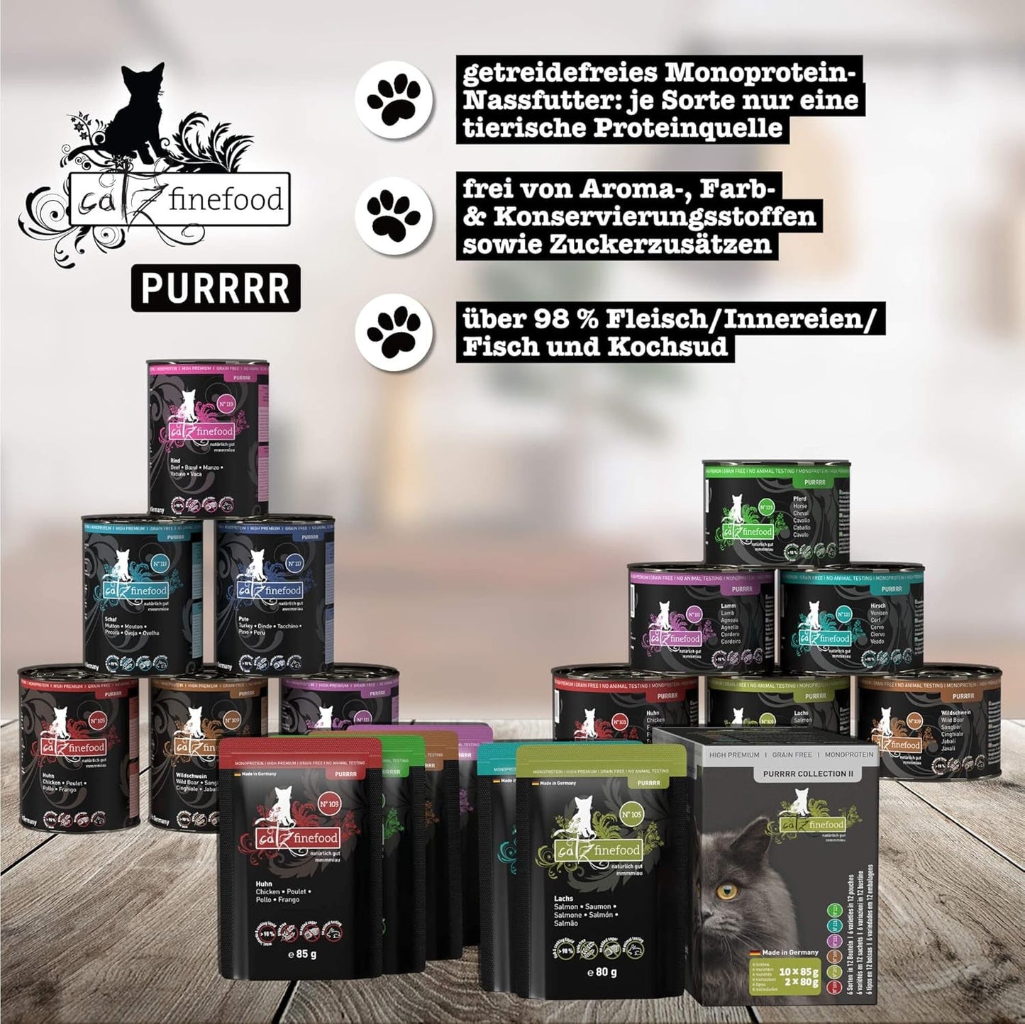 Mokré krmivo pro kočky Catz Finefood Purrrr s monoproteinem a lososem č. 105, pro kočky s citlivým zažíváním, 16 x 80 g