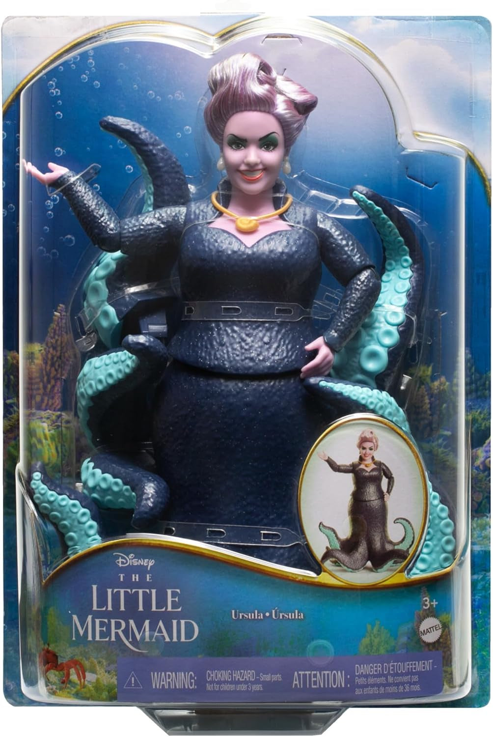 Mattel DISNEY Ariel The Little Mermaid - Ursula s chapadly, odnímatelným náhrdelníkem a levandulovým drdolem pro nekonečnou stylingovou zábavu, vhodné pro děti od 3 let, HLX12