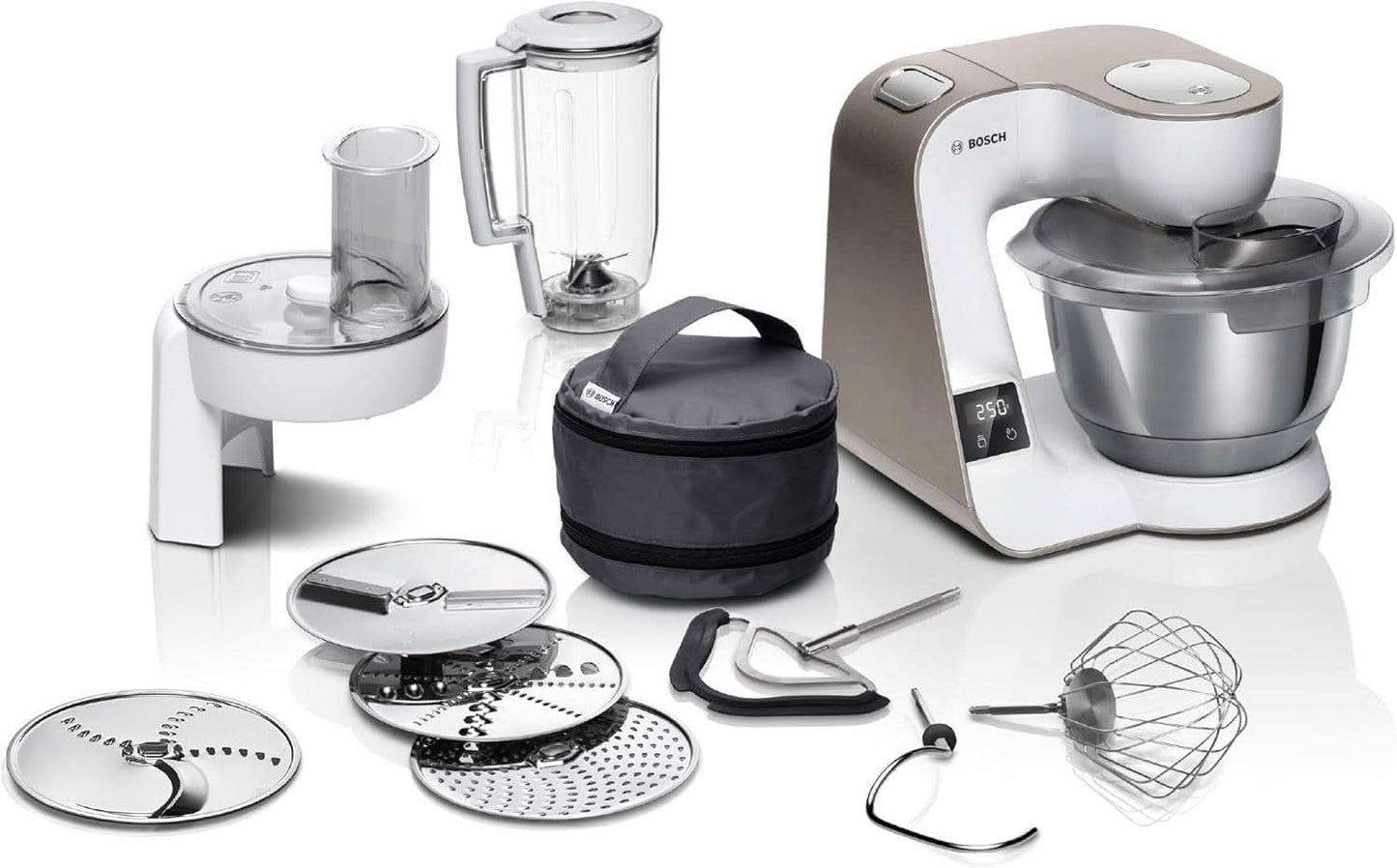 Kuchyňský robot Bosch Series 4 MUM5X720, integrovaná váha, nerezová mísa 3,9L, mixér 1,25L, 1000W Příslušenství Jídlo a kojení Bebe Naty Shop Integrovaná váha Bílá 2 příslušenství