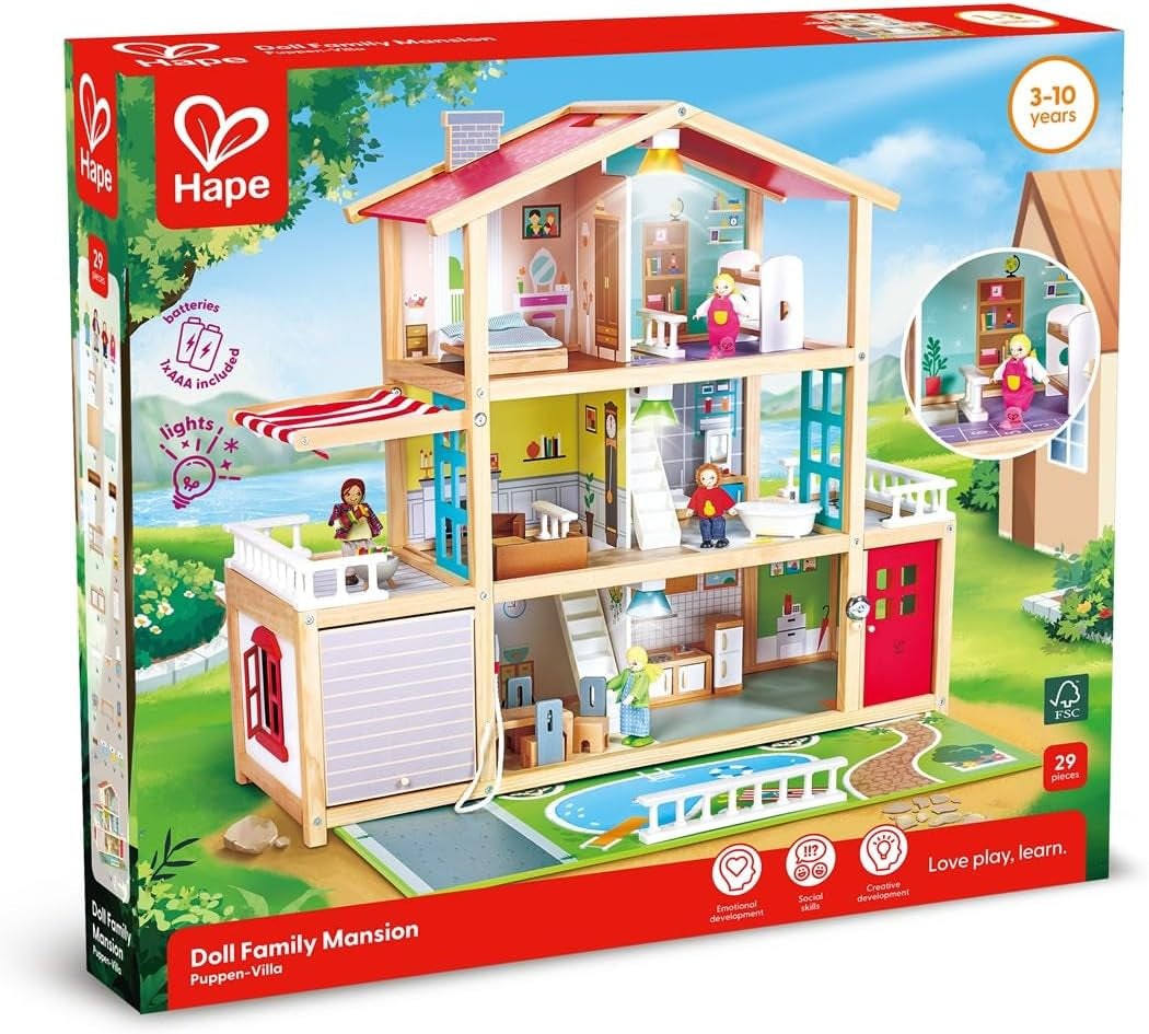 Vila pro panenky Hape 10pokojový dřevěný domeček pro panenky Kreativní hra na role včetně nábytku a doplňků Vzdělávací hračka pro děti od 3 let