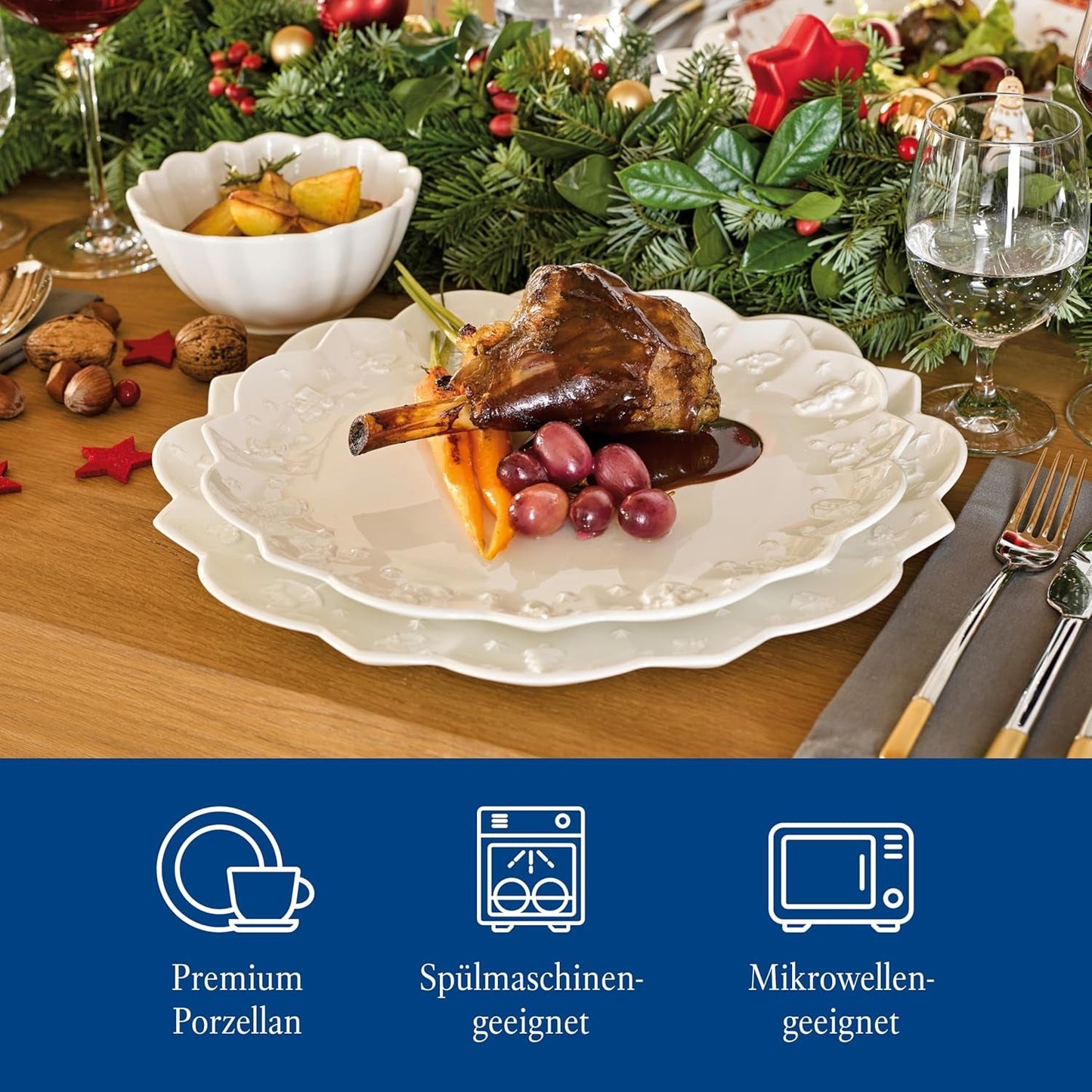 Villeroy & Boch Toy's Delight Royal Classic 12dílná sada nádobí, vhodné do myčky a mikrovlnné trouby, bílé, talíře, sada nádobí pro 4 osoby, vánoční nádobí, hračky, prémiový porcelán