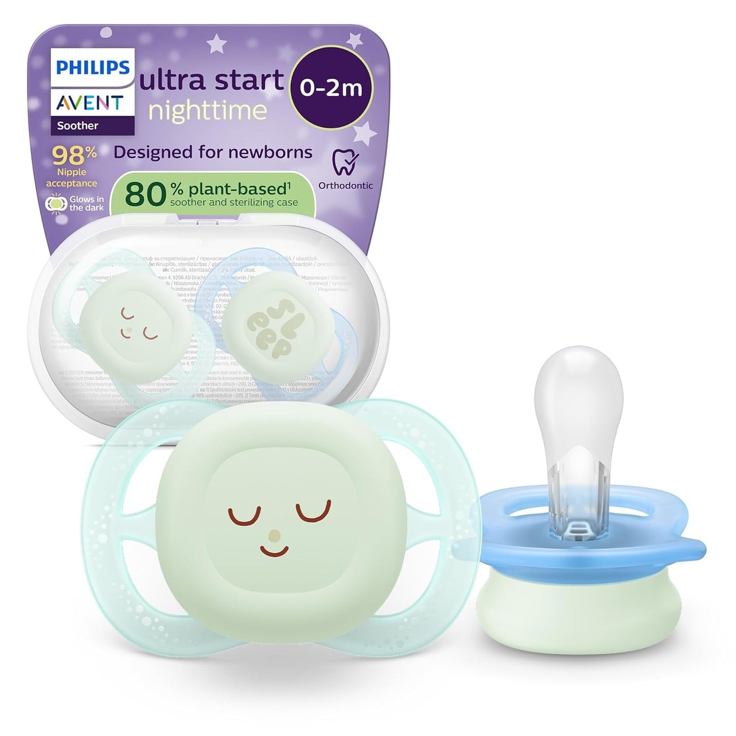 Noční dudlík Philips AVENT Ultra Start, ortodontický dudlík pro novorozence, zářící ve tmě, bez BPA, se sterilizační nádobkou, dvojité balení, měsíc, hvězda, SCF075/07