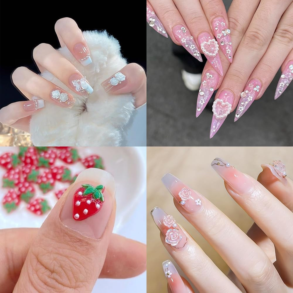 100ks 3D kouzla na nehty Rosa Rot Kirsche Erdbeere Blume Přívěsky na nehty Kamelie Rose Schmetterling Přívěsky na nehty Flatback Herz Schleife Charms Nägel Zubehör Mond Stern Nagelschmuck Nageldesign Anhänger