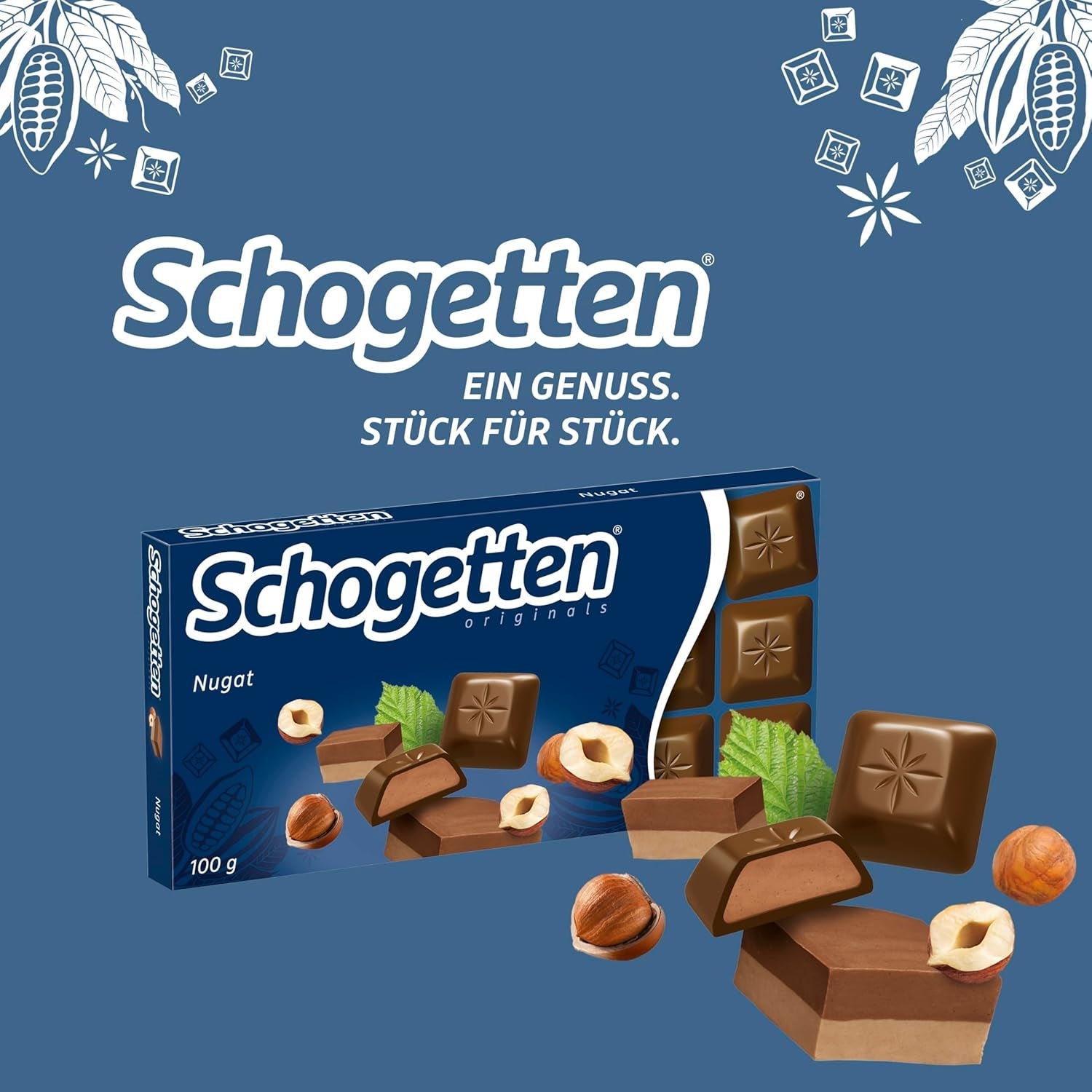 Čokoládová tyčinka Schogetten Nugát 100g, jednotlivě porcovaná. Potěšení. Kousek po kousku.