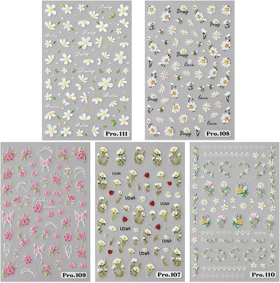 5ks Geprägte Gänseblümchen Nagelsticker Selbstklebend Blumen Nagelaufkleber Gänseblümchen Schmetterling Nagel Sticker Nageldesign Aufkleber Nägel Zubehör Blume Nail Sticker Flower Nail Art Stickers