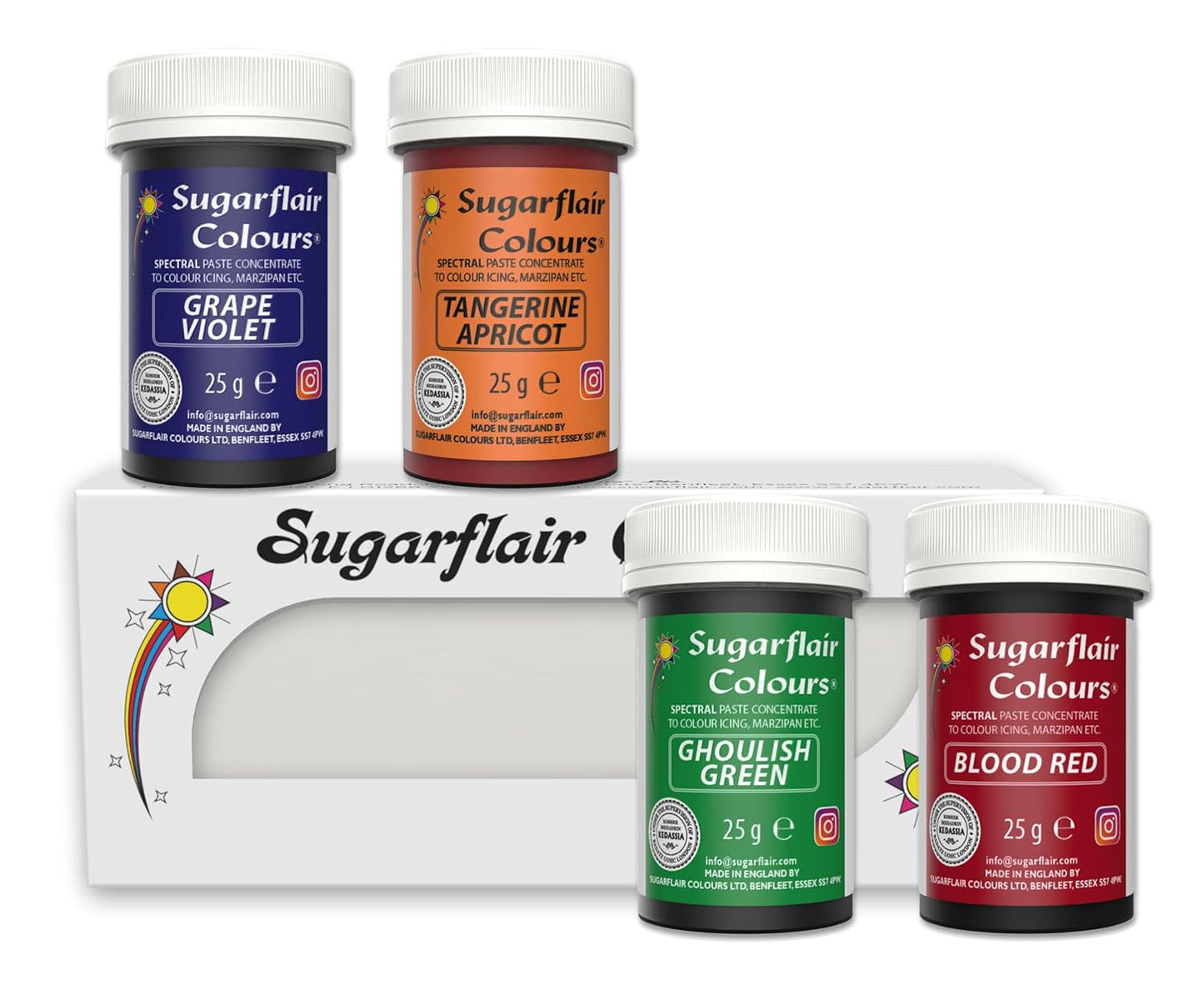 Sugarflair Pasta Food Coloring Set/4 potravinářské barvy na těstoviny, fondán, marcipán, cukrovou pastu, máslový krém a další: Macabre Green, Grape Purple, Blood Red