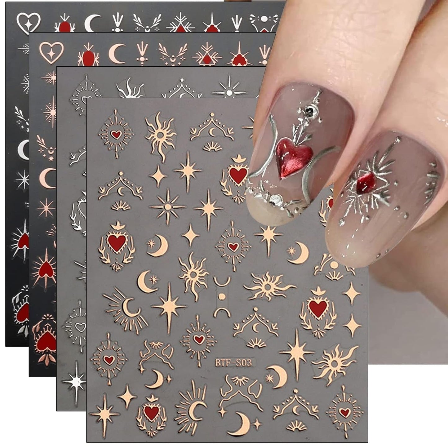 JMEOWIO Nálepka na nehty Mond Stern 9 Blatt Nálepka na nehty Selbstklebend Nagelaufkleber Sonne Dekoration Nageldesign Zubehör