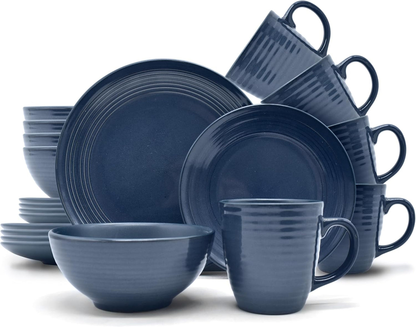 ECHTWERK "Alicia" 16dílná sada vintage kombinovaného nádobí Moderní design pro 4 osoby Elegantní tmavě modrá sada nádobí z kameniny se 4 talíři 4 postranními talíři 4 misky 4 šálky na čaj