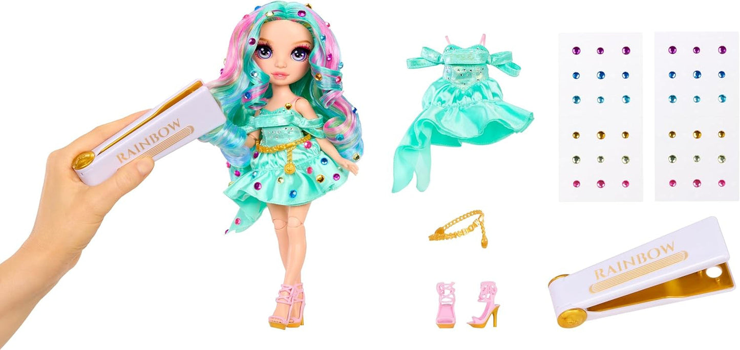 Módní panenka Rainbow High Be Dazzling - Celine Turquoise - modrozelená, 28 cm, s nástrojem na zdobení, třpytivými drahokamy a stylingovými doplňky