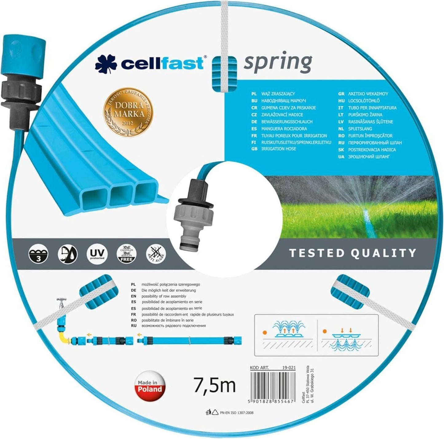 Zavlažovací hadice Cellfast SPRING, tříkanálová zavlažovací hadice s plnými konektory, vyrobena z vysoce kvalitního drátu, odolná vůči UV záření, 15 m, 1/2 palce, 19-022, vícebarevná, 38x38x8cm