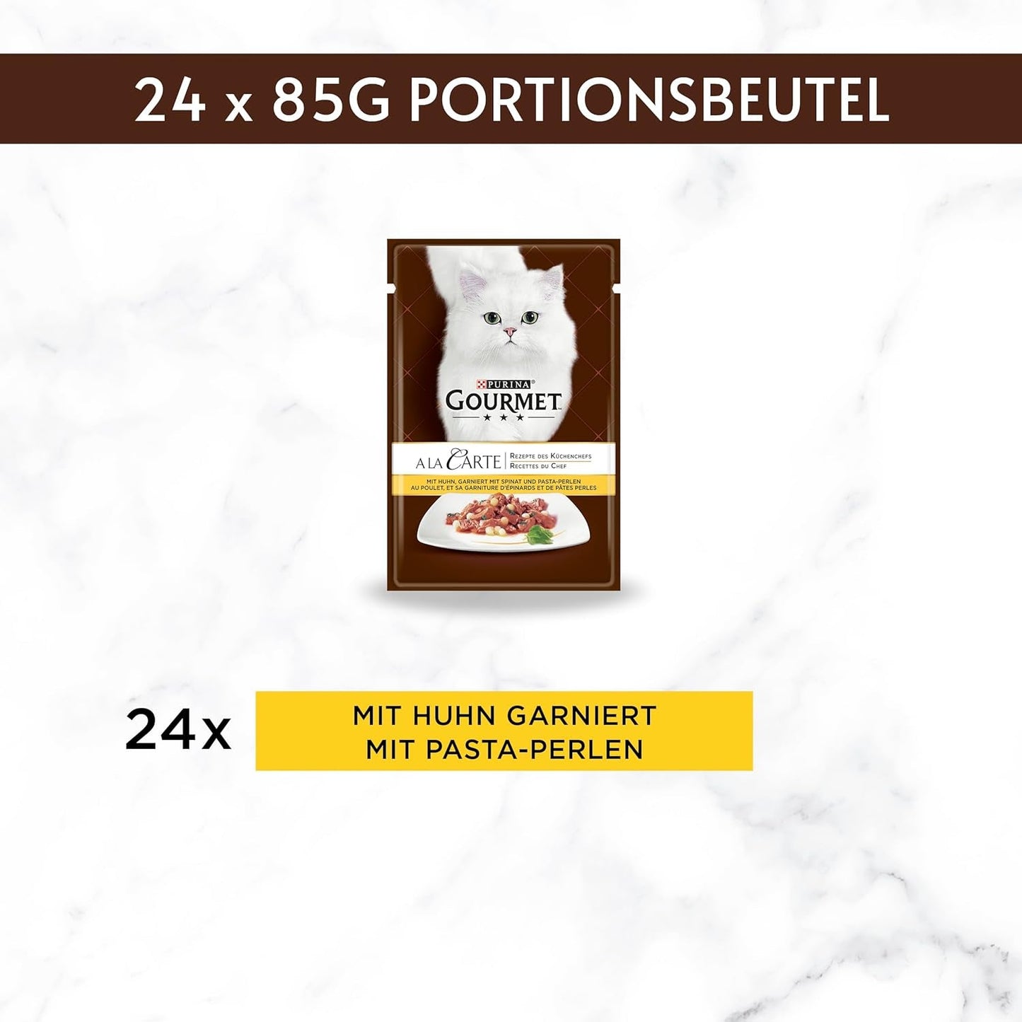 Gourmet A la Carte mokré krmivo pro kočky s kuřecím masem, špenátem a těstovinovými perličkami, balení 26 ks (26 x 85 g)