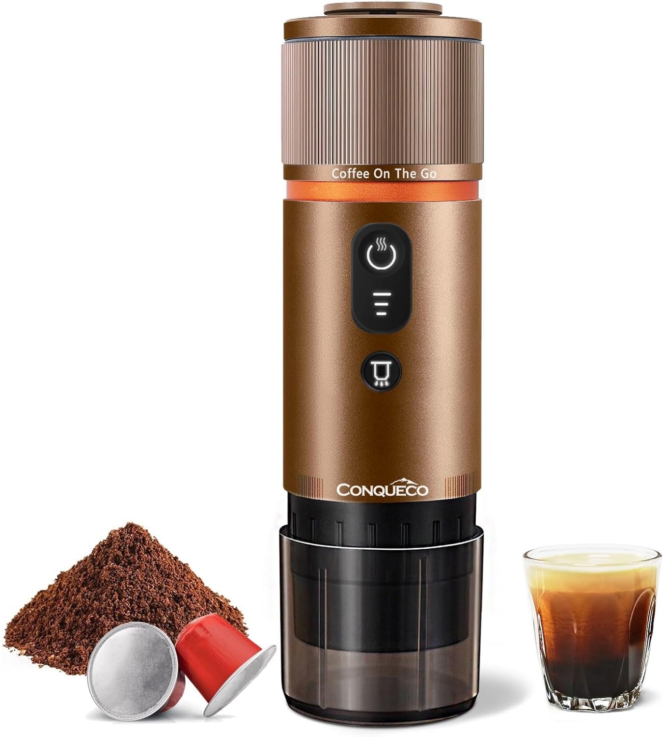 CONQUECO 12V espresso do auta: Přenosný espresso kávovar s baterií pro kempování a cestování – rychlé zahřátí za 2,5 minuty – 8 šálků espressa na jedno nabití
