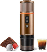 CONQUECO 12V espresso do auta: Přenosný espresso kávovar s baterií pro kempování a cestování – rychlé zahřátí za 2,5 minuty – 8 šálků espressa na jedno nabití