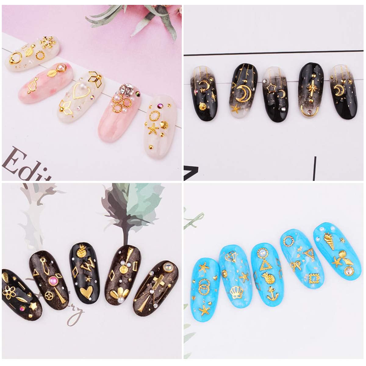 4 krabičky Nagel Art Strass, 3D Nagel Art Decorations, Mix Größe Nagel Perlen Glitter Strass Gold Metall Hohlniet Nagelkunst Stern Mond Sonne Nagel Zubehör Für DIY Nageldesign