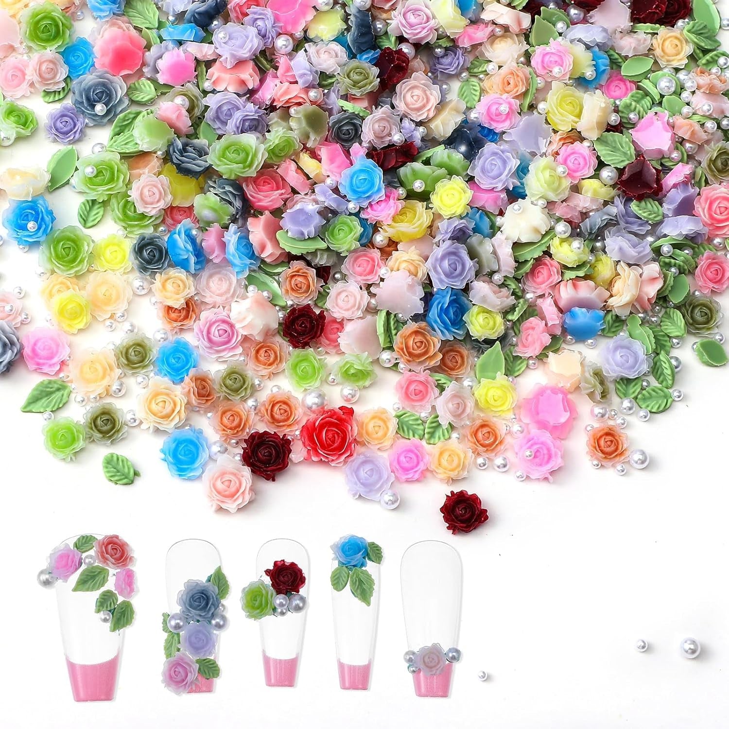 300 Stück Niedlich Blume Přívěsky na nehty, 3D pryskyřice Květinová Camelie Rose Nägel Charms Mit Perle, Gemischt Größe Bunte Flower Nägel Deko Für Frauen Nail Art Zubehör