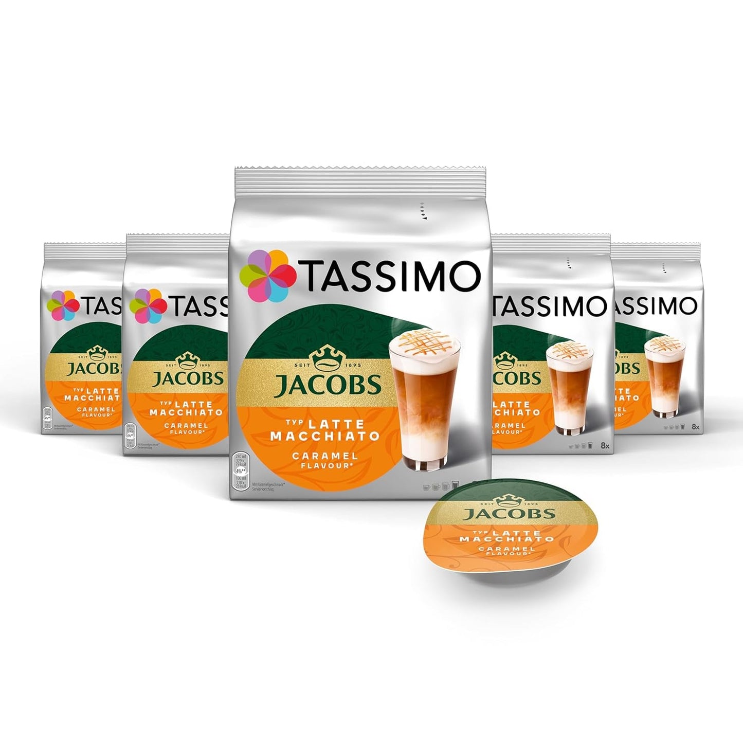 Tassimo Kapseln Jacobs Typ Latte Macchiato Caramel, 5 x 8 polštářků, 40 kávových kapslí