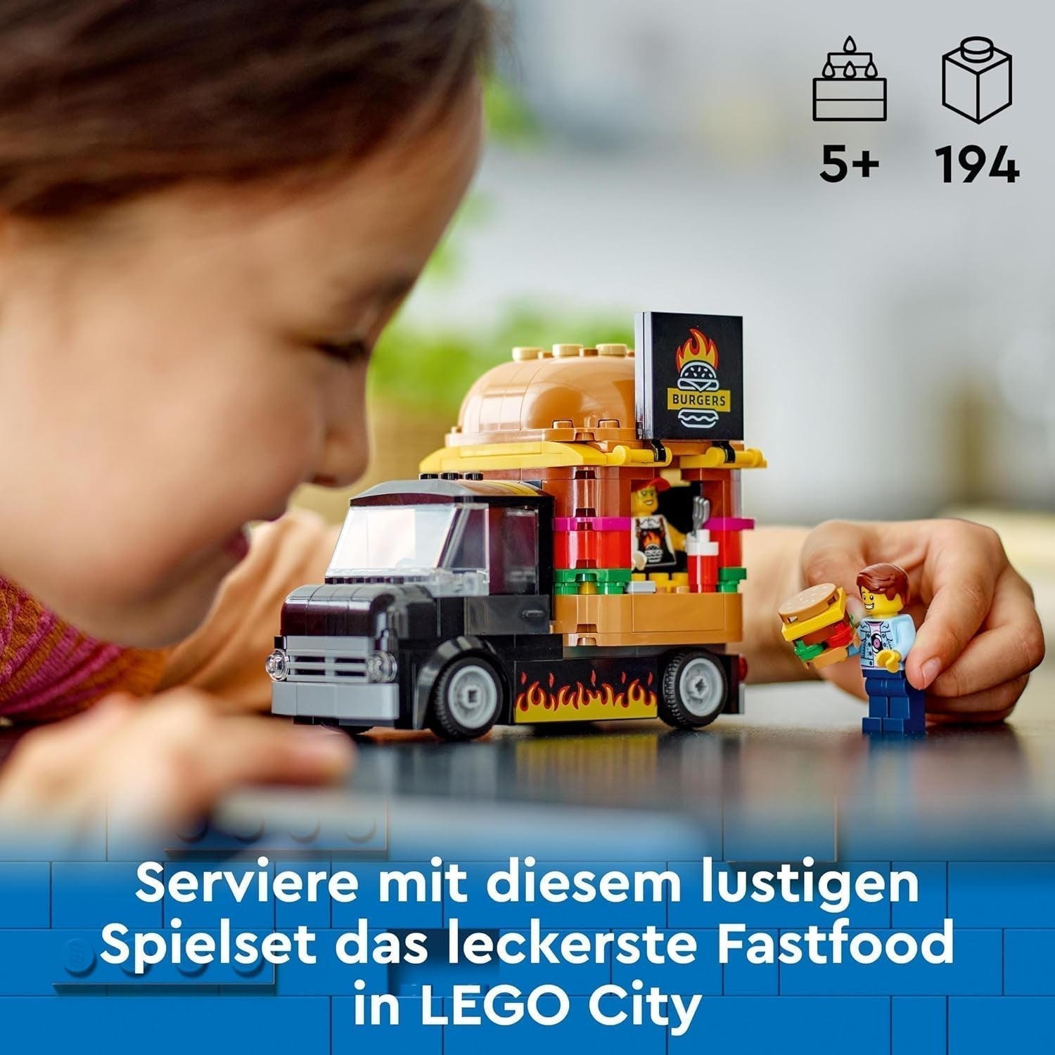 Stavebnice LEGO City Burger Truck s autíčkem pro děti od 5 let, minifigurkou potravinového vozíku a příslušenstvím, zábavným dárkem pro chlapce a dívky 60404 Stavebnice Besuche den LEGO-Store