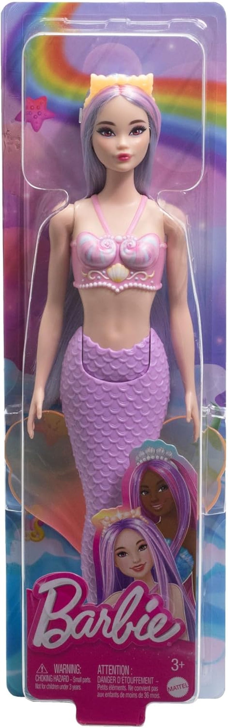 Panenka Barbie mořská víla s růžovými a lila ozdobnými vlasy a čelenkou, panenka s mušlí a levandulová panenka s modrým ocasem, panenky HRR06 Naty Shop