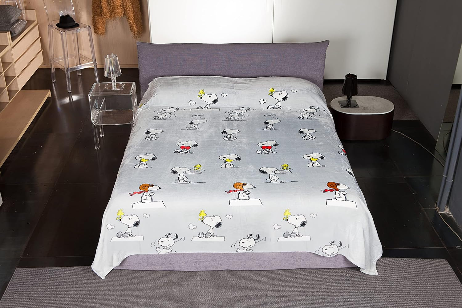 Kanguru Postel, přehoz, fleecová deka na dvojlůžko, deka z mikrovlákna, Snoopy Peanuts ŠEDÁ, 230X230Cm, letní deka, přehoz do ložnice Postele a přikrývky Besuche den Kanguru-Store