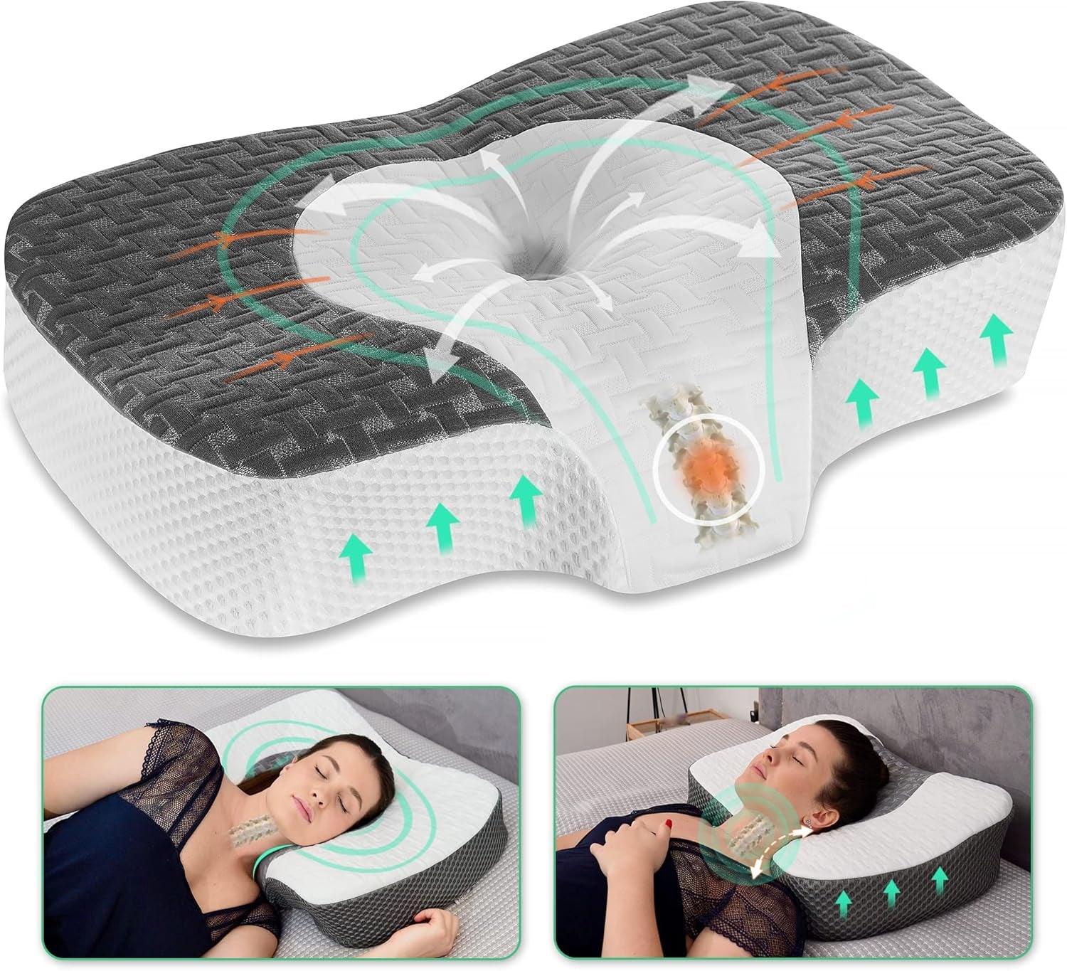 Ortopedický polštář Elviros Memory Foam, polštář proti bolesti krku, polštář na spaní, ergonomický polštář na krk, polštář na podporu krku, polštář proti chrápání pro postranní spáče, žaludeční spáče, bílé Naty Shop krční ortopedické polštáře tmavě šedá 60 X 38,6 X 9,9/13,5 cm