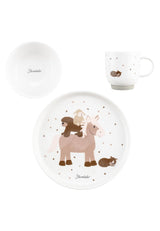 Porcelánová sada nádobí Sterntaler Rustikální design - Protiskluzová a odnímatelná silikonová základna Sada nádobí pro miminka a děti s talířkem, 400 ml miska a 200 ml hrnek, bílá