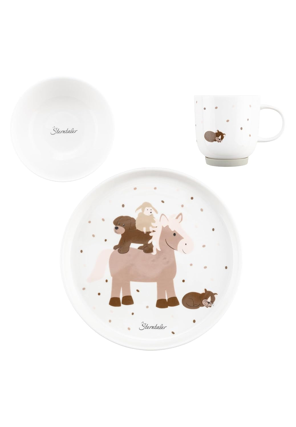 Porcelánová sada nádobí Sterntaler Rustikální design - Protiskluzová a odnímatelná silikonová základna Sada nádobí pro miminka a děti s talířkem, 400 ml miska a 200 ml hrnek, bílá