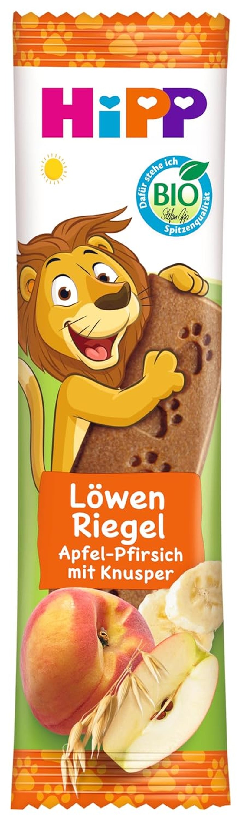 HiPP Lion müsli tyčinky s křupavým ovsem a jablkem a broskví (24 x 20g), od 1 roku, slazené pouze ovocem, v nejlepší bio kvalitě