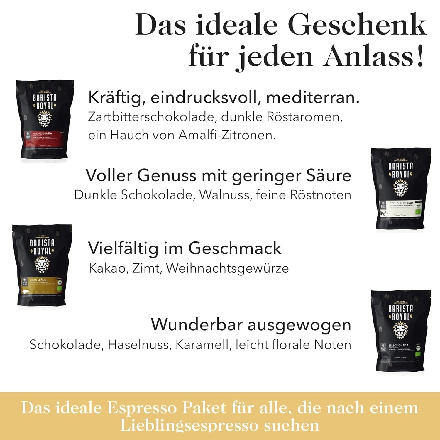 Vzorová sada zrnkových espresso 4 x 350 g zrnkové espresso | Discovery Pack/Sample Pack | Robusta a Arabica | Ideální pro plně automatická zařízení a portafiltr | KRÁLOVSKÝ BARISTA