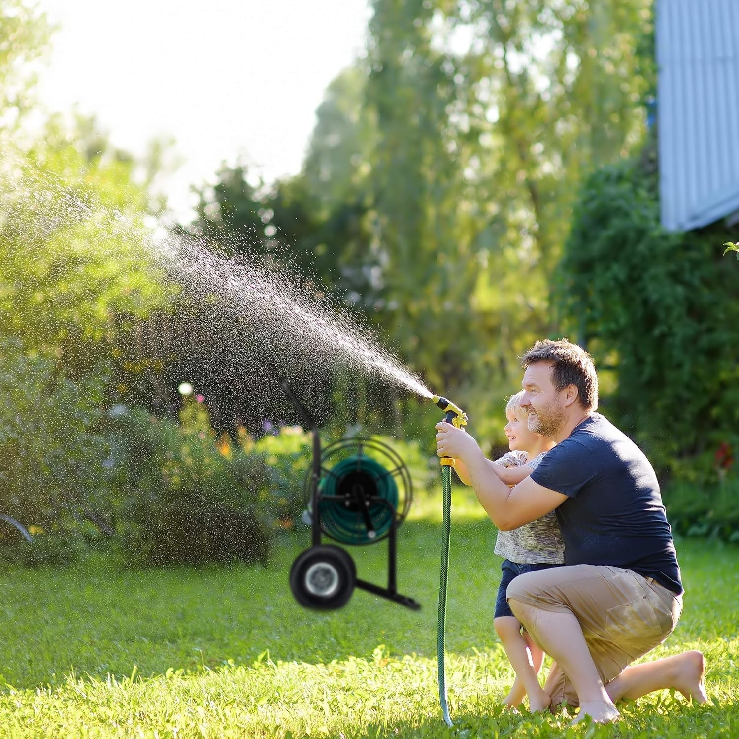 Vozík na hadici Relaxdays, mobilní naviják na hadici, připojení 1/2" a 3/4", hadice až 80 m, 2 kolečka, kov, černá