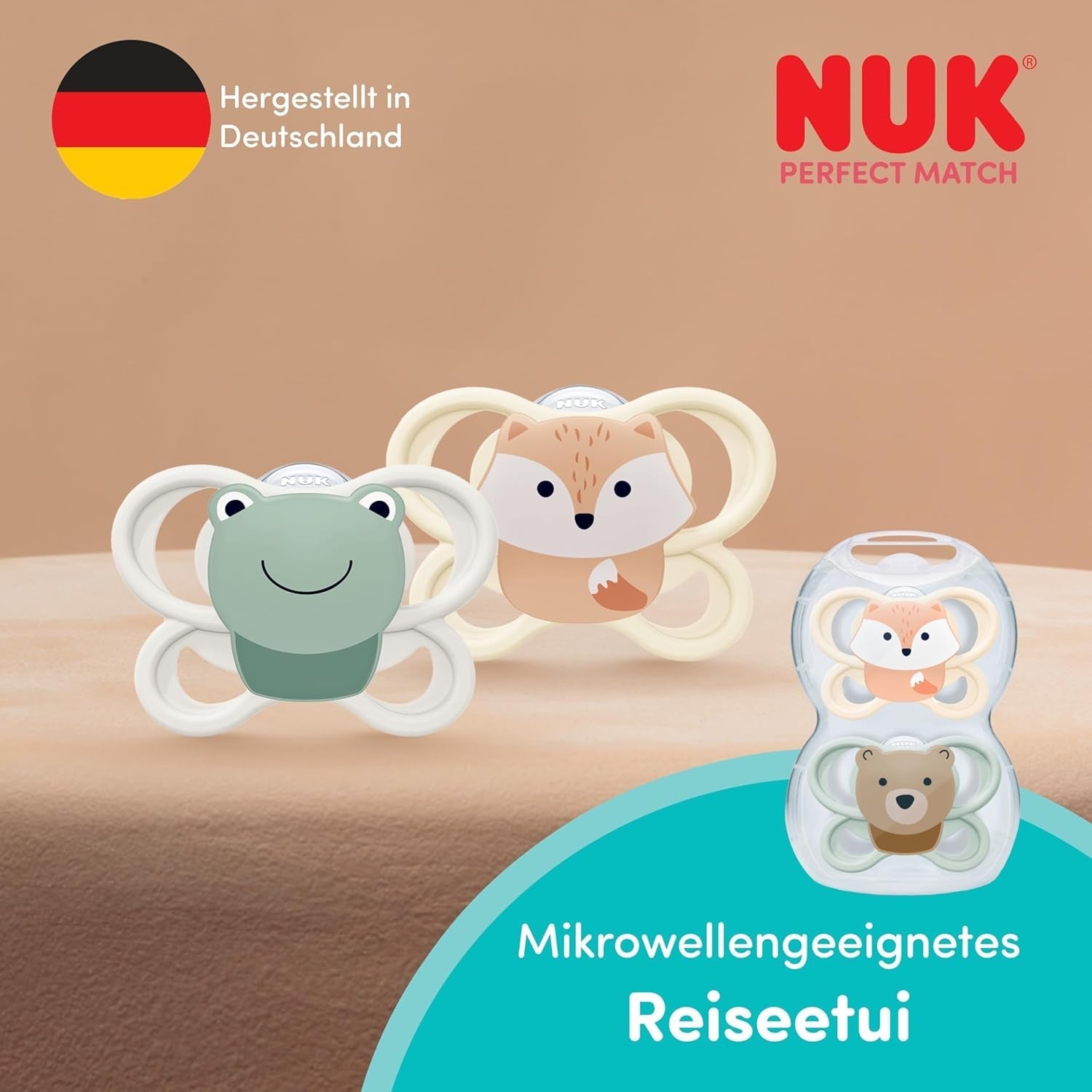Dudlíky NUK Perfect Match pro miminka | 0-6 měsíců | Ortodontické dudlíky, které podporují cirkulaci vzduchu a zabraňují slintání | 95% přijetí miminky** | Fox/Teddy Bear | Balení 2