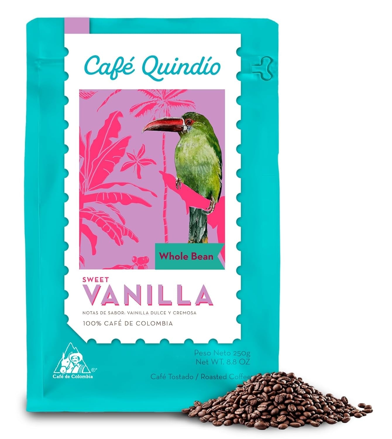 Cafe Quindio Specialty Coffee - 100% kávová zrna Arabica, Kolumbie - s přírodními tóny sladké vanilky (250 g) - ideální pro filtrovanou kávu, portafiltrační stroje nebo French press