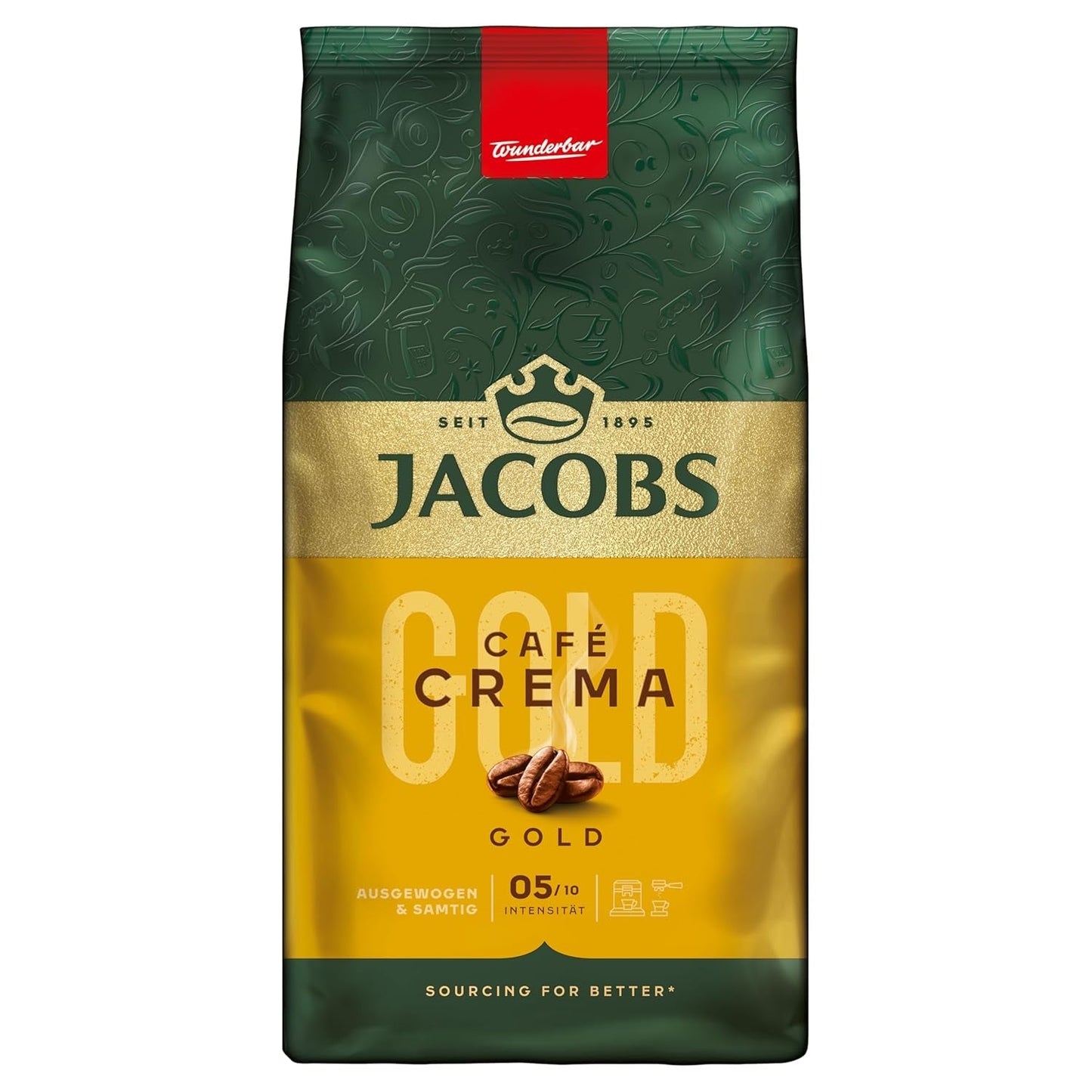 Jacobs Café Crema Gold Kaffeebohnen 1 kg – Vollmundig, Aromatisch, Fruchtige Notes, Arabica & Robusta Bohnen, Intensität 5/10, Ideální pro Café Crema Naty Shop Crema Gold 1 kg