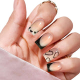 24ks Krátké čtvercové francouzské špičky False Nails White Heart Design Černé akrylové nehty Full Cover