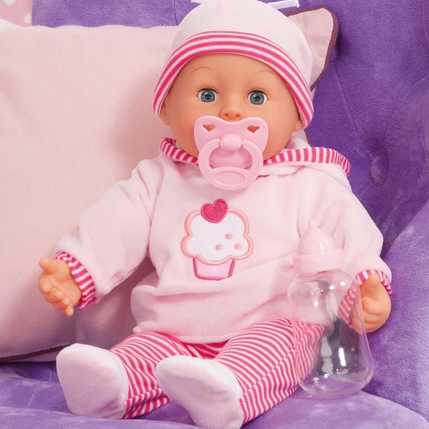 Panenka First Words s ospalýma očima, mluví 24 dětskými zvuky, s panenkou a lahvičkou, 38 cm, růžové/pruhy Naty Shop Dolls