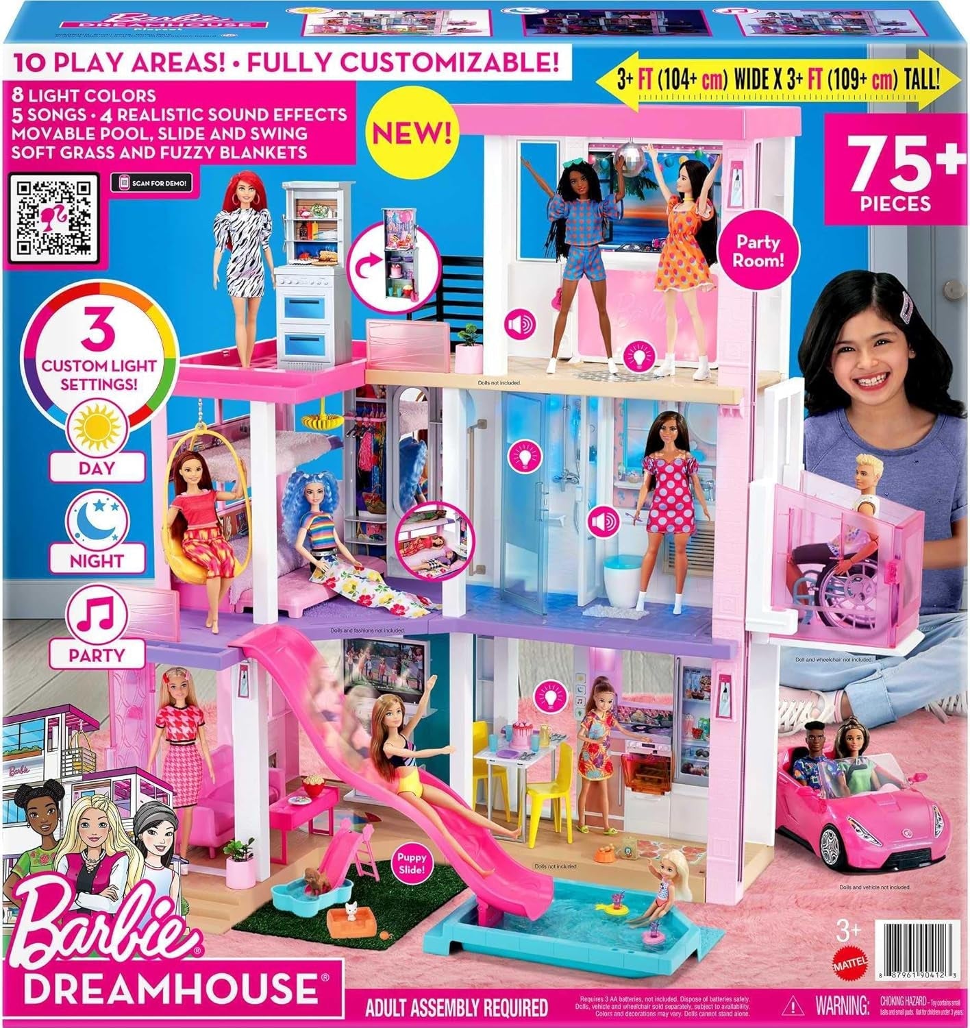 Dům snů Barbie (114 cm), 3patrový domeček pro panenky, bazén, skluzavka, výtah pro invalidní vozíky, 75 doplňků, panenky, vhodné jako dárek pro děti od 3 let, GRG93