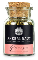 Ankerkraut Grüne Jalapeno, scharfe Chili, Chilis geschrotet, Finisher Scharf Würzen, Scharfes Essen Kochen, Highlight Chili con Carne, Fleisch, Kartoffeln, 45 g im Korkenglas